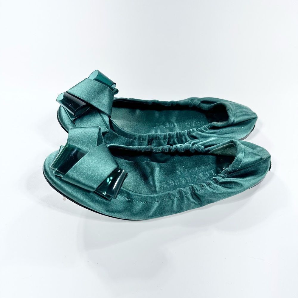 Burberry Prorsum emerald green satin surrey bow top flats 35 - Picture 2 of 8